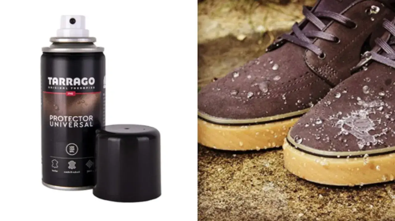 Protector Tarrago para limpiar zapatos piel. Muestra un spray y unos zapatos con gotas de agua.