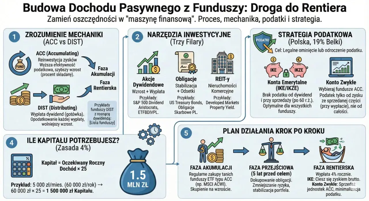 Jak zarobić dużo pieniędzy? Schemat budowy dochodu pasywnego z funduszy: od mechaniki ACC/DIST, przez narzędzia, strategię podatkową, aż po plan działania krok po kroku.