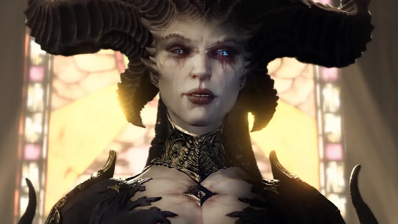 Lilith z Diablo 4, z niebieskimi oczami i krwawiącymi łzami, stoi przed witrażem. Jej ołtarze są kluczem do mocy.