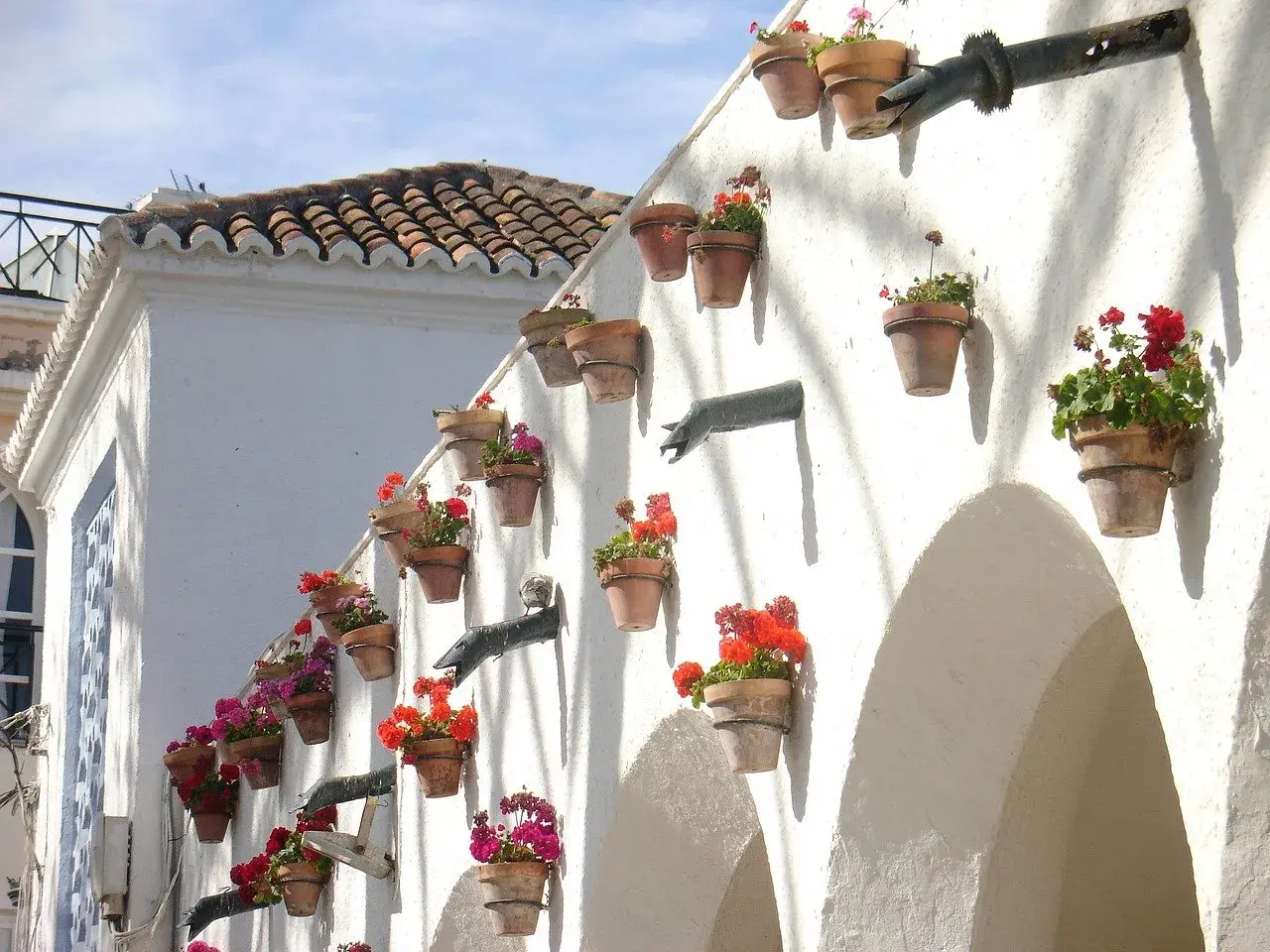 Maceteros de flores adornan una pared blanca, un rincón romántico para saber qué hacer en Nerja en pareja.