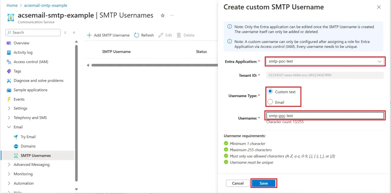 Création d'un nom d'utilisateur SMTP personnalisé pour l'application Entra "smtp-poc-test" dans Azure.