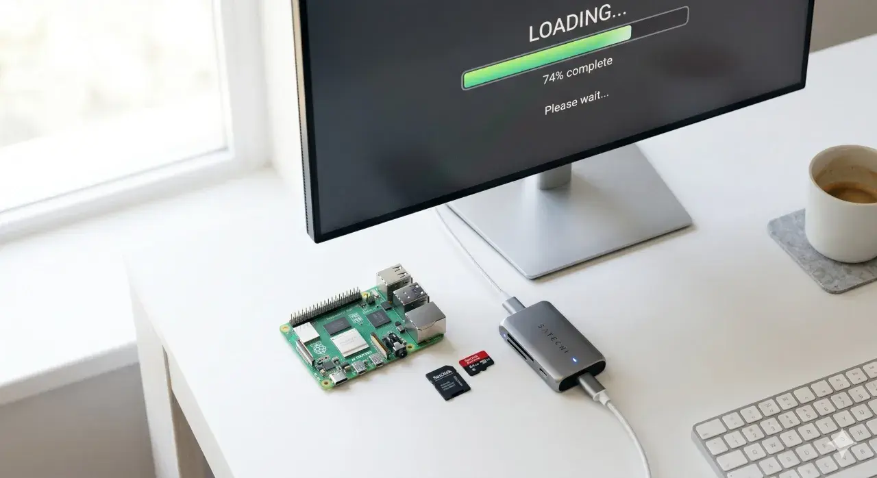 Ein Raspberry Pi, SD-Karten und ein Satechi-Hub liegen bereit. Auf dem Monitor läuft der Raspberry Pi Imager.