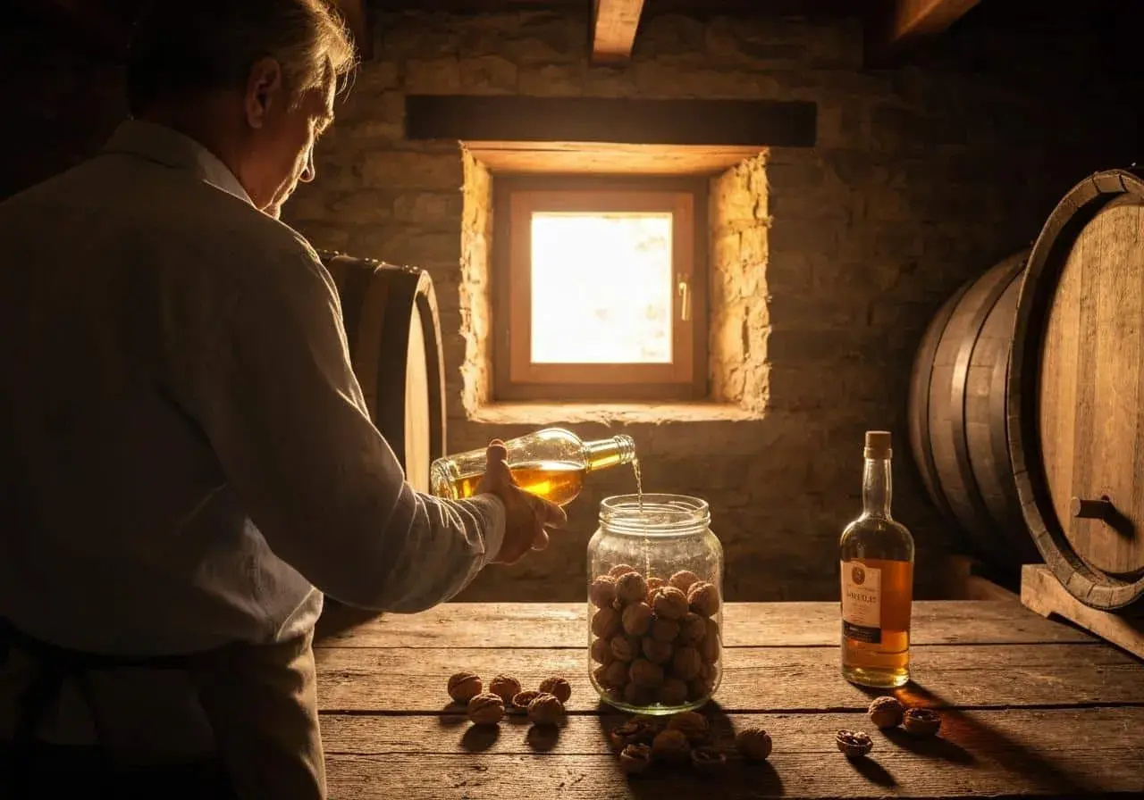 Un homme prépare du vin de noix dans une cave rustique, versant un liquide ambré dans un bocal rempli de noix.