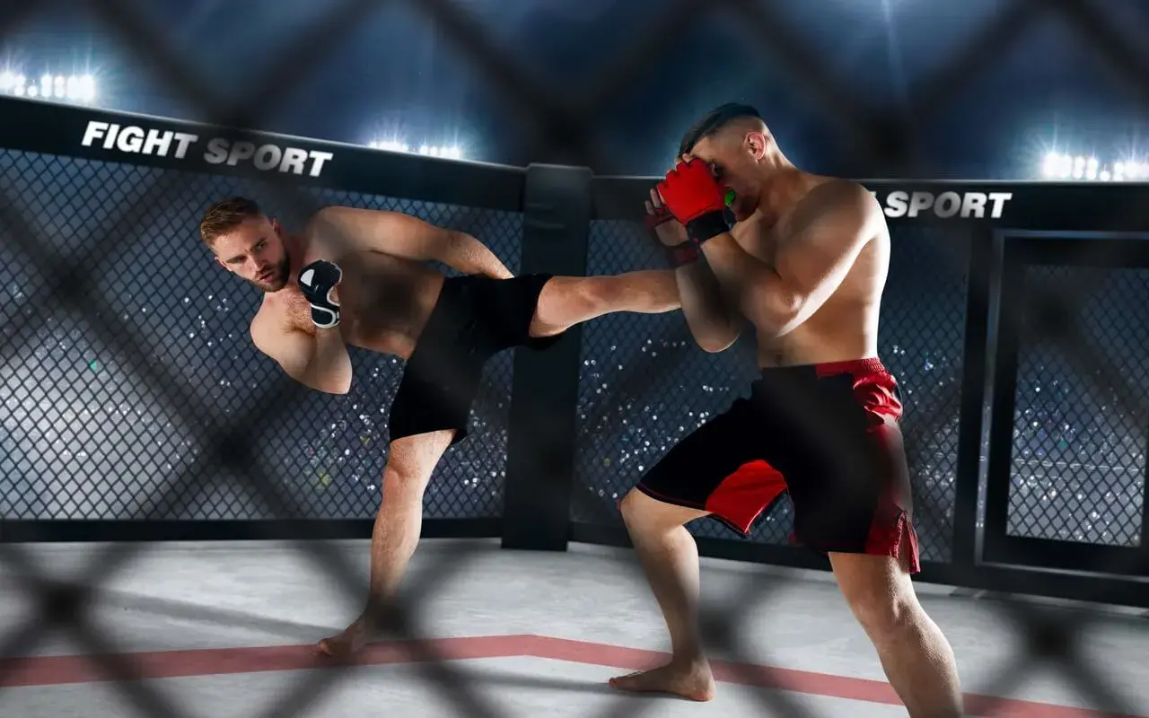 Dwóch zawodników MMA w klatce. Jeden wykonuje kopnięcie, drugi blokuje cios rękawicą.