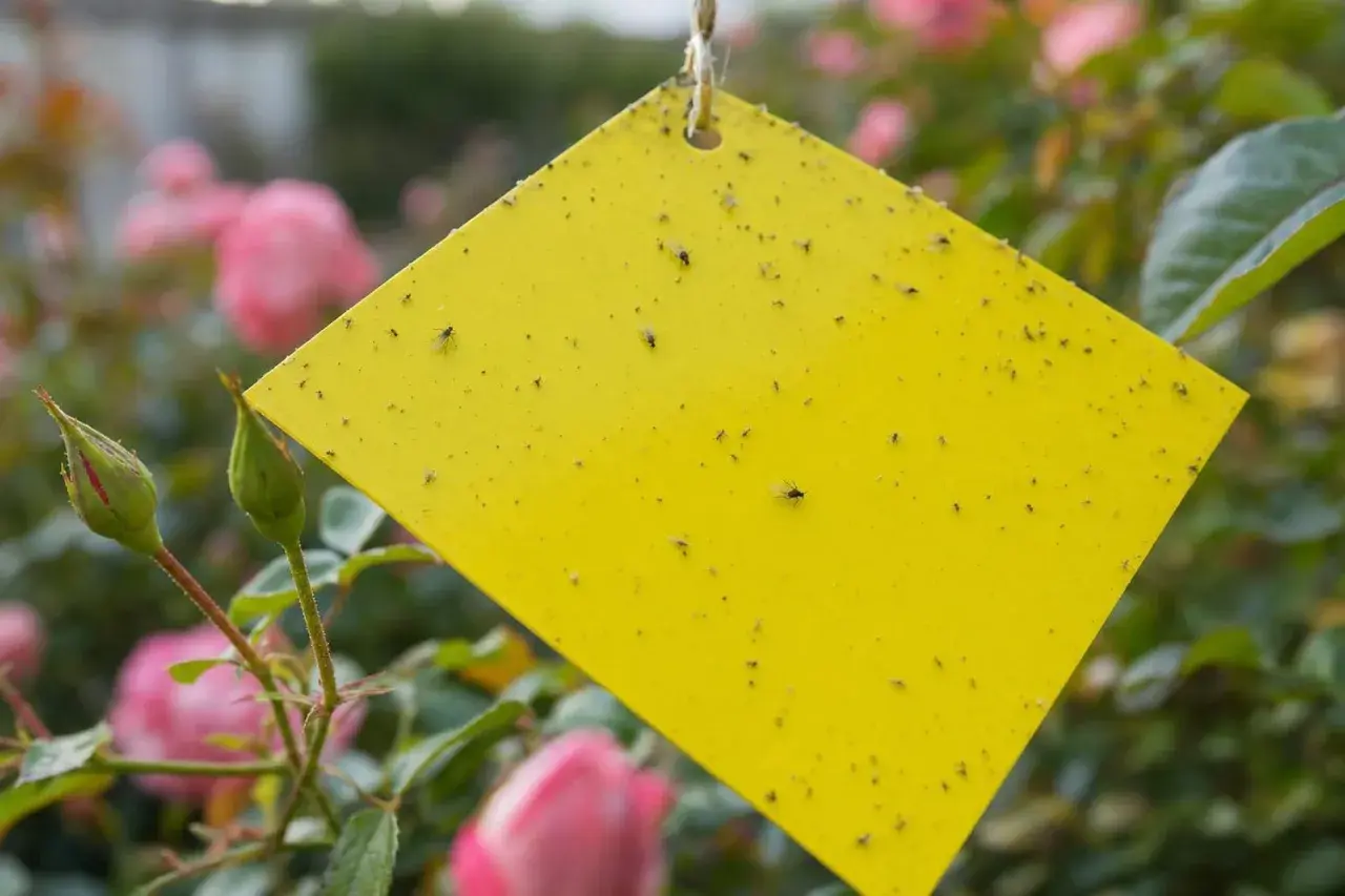 Un piège puceron maison jaune attire de nombreux petits insectes volants, collés à sa surface, au milieu de roses roses.