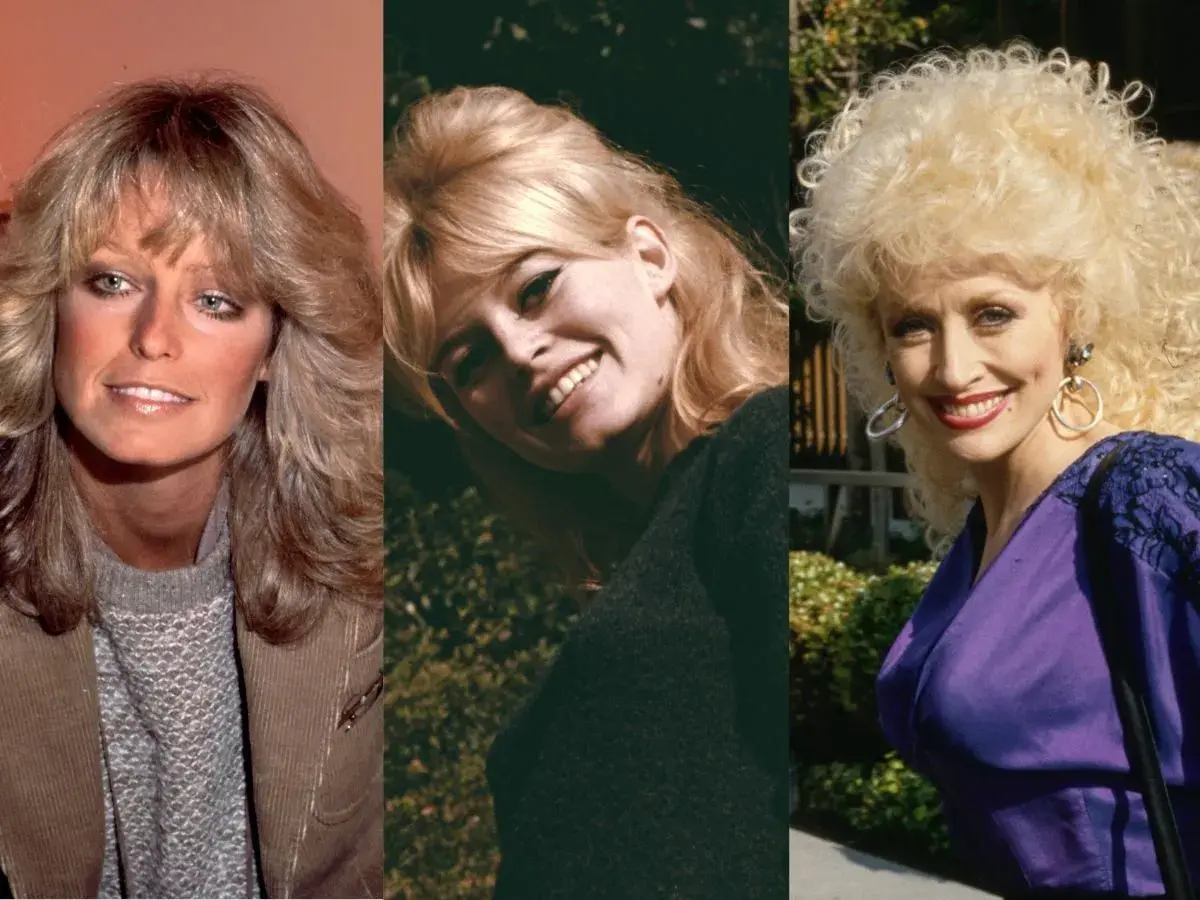 Ikony stylu z lat 80. z bujnymi fryzurami: Farrah Fawcett, Brigitte Bardot i Dolly Parton.