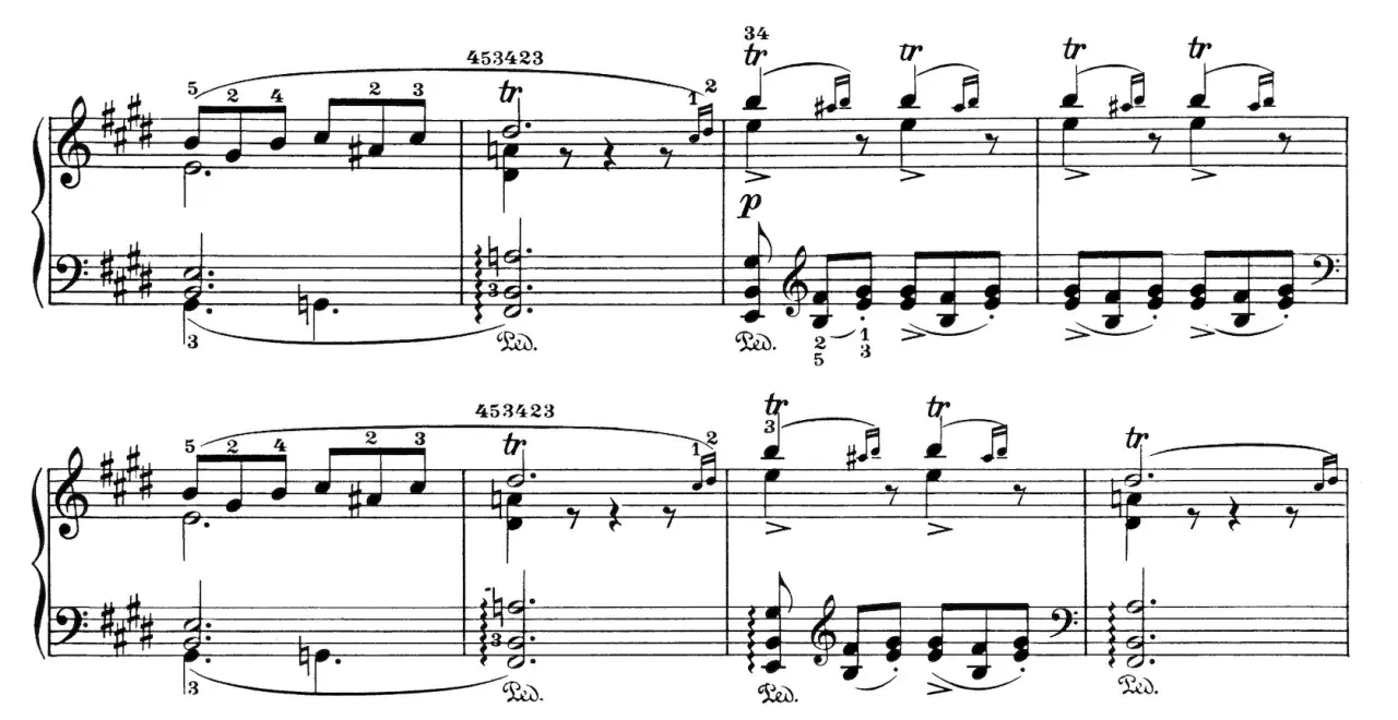 Extrait de partition de piano. La notation "tr" indique un trille, une ornementation musicale rapide et répétée.