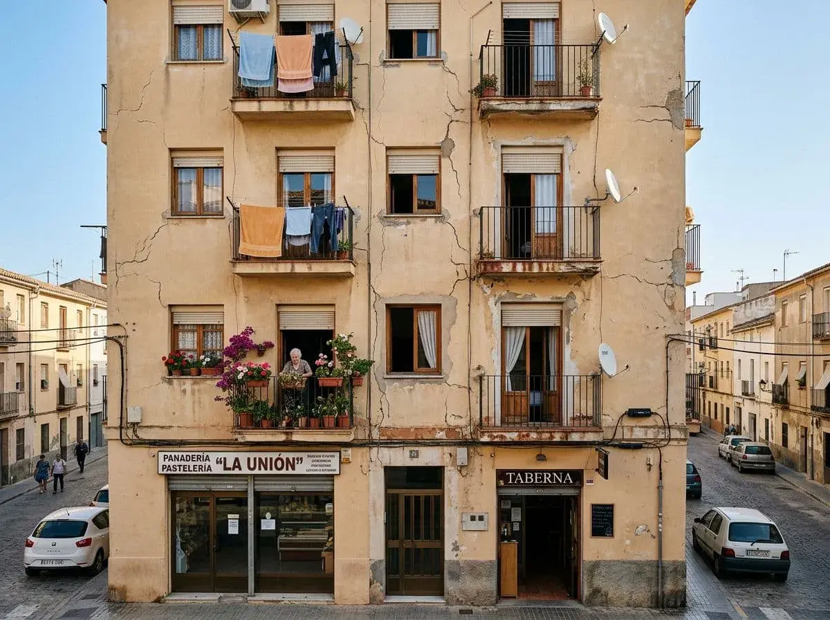 Edificio con fachada exterior agrietada, ropa tendida en balcones y una anciana cuidando flores. Necesita reparar fachada exterior.