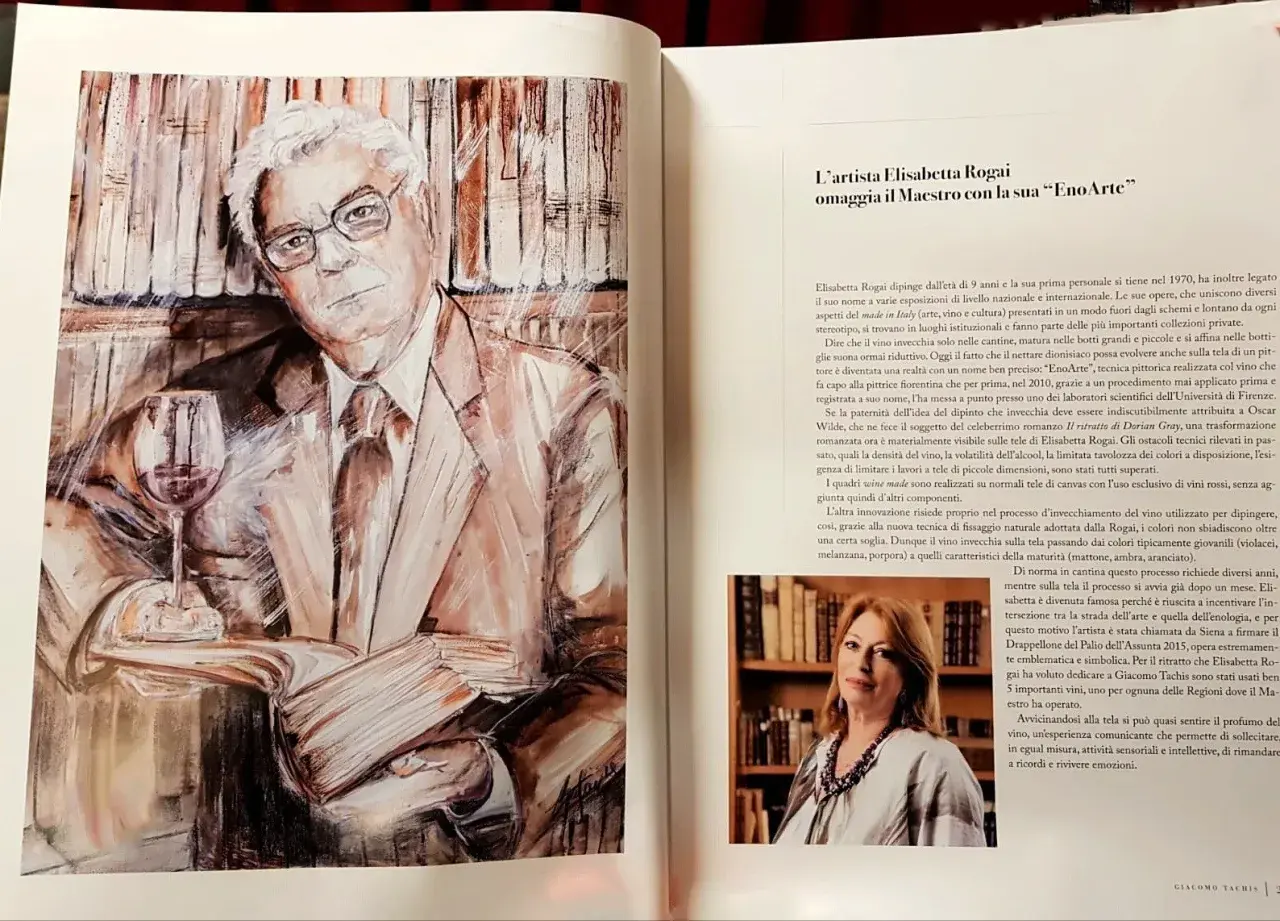 Ritratto di Giacomo Tachis, maestro del vino, con un bicchiere. L'opera è un omaggio dell'artista Elisabetta Rogai.