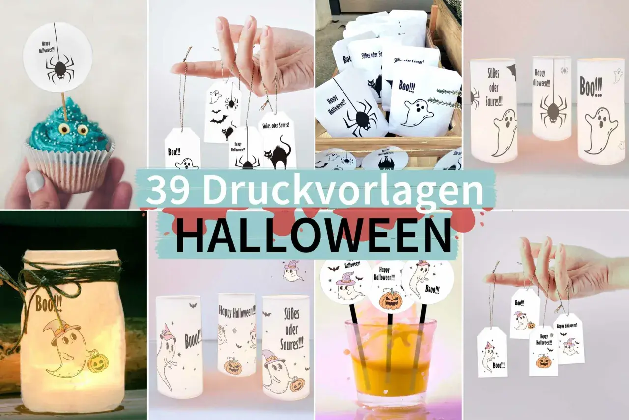 Halloween Deko selber machen: Vorlagen für gruselige Geister, Spinnen & Kürbisse auf Cupcakes, Geschenktüten, Laternen & Anhängern.