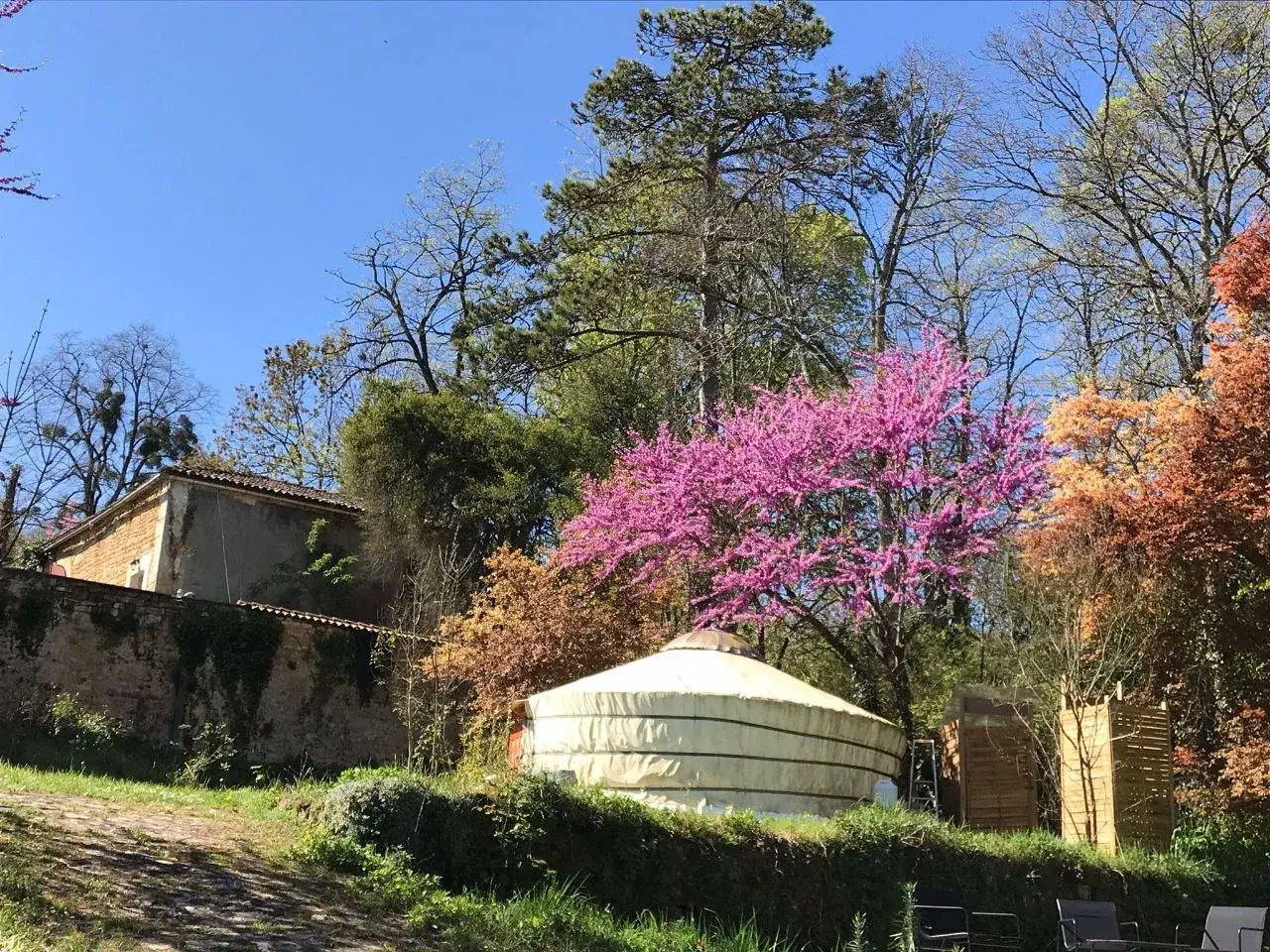 Une yourte d'hôtes en Dordogne, nichée au milieu d'arbres en fleurs et d'une végétation luxuriante, avec une maison en pierre en arrière-plan.