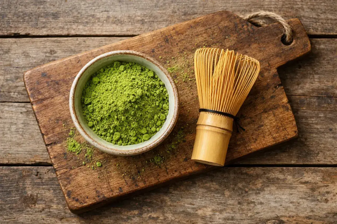Schüssel mit feinem Matcha-Pulver und Bambusbesen auf Holzbrett. Ideal für ein gesundes Getränk mit wenigen matcha kalorien.
