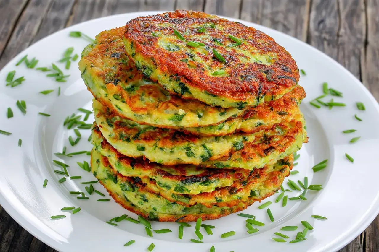 Pile de galettes de courgette dorées, parsemées de ciboulette fraîche sur une assiette blanche. Un délice végétal.