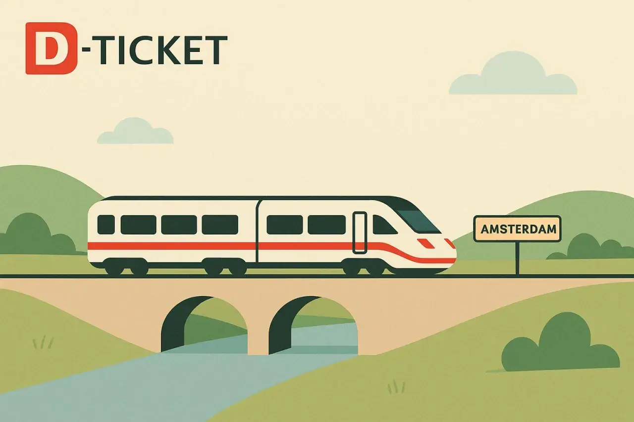 Mit dem D-Ticket nach Amsterdam: Ein Zug fährt über eine Brücke, vorbei an einem Schild mit der Aufschrift "Amsterdam".