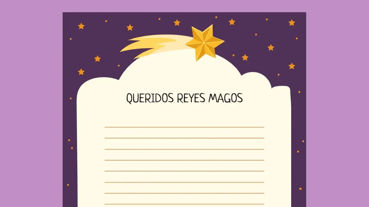 Plantilla para escribir la carta de los Reyes Magos a los niños. Incluye un espacio para escribir y una estrella fugaz en un cielo estrellado.