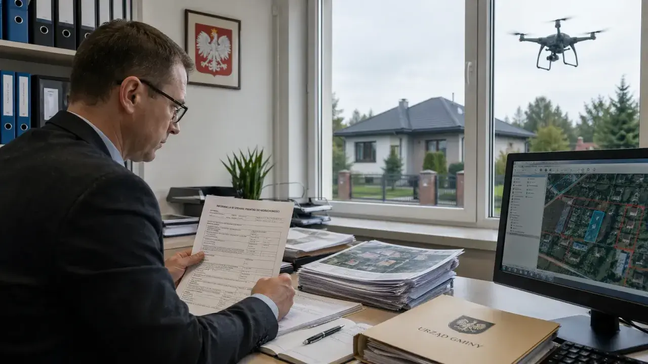 Urzędnik analizuje dokumenty dotyczące podatku od nieruchomości, podczas gdy dron monitoruje teren z góry.