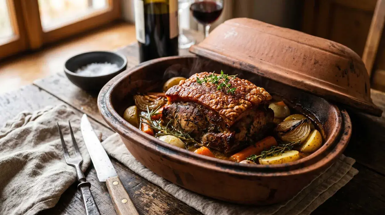 Saftiges Fleisch garen im Topf mit knuspriger Kruste, Kartoffeln, Karotten und Zwiebeln. Ein Festmahl!