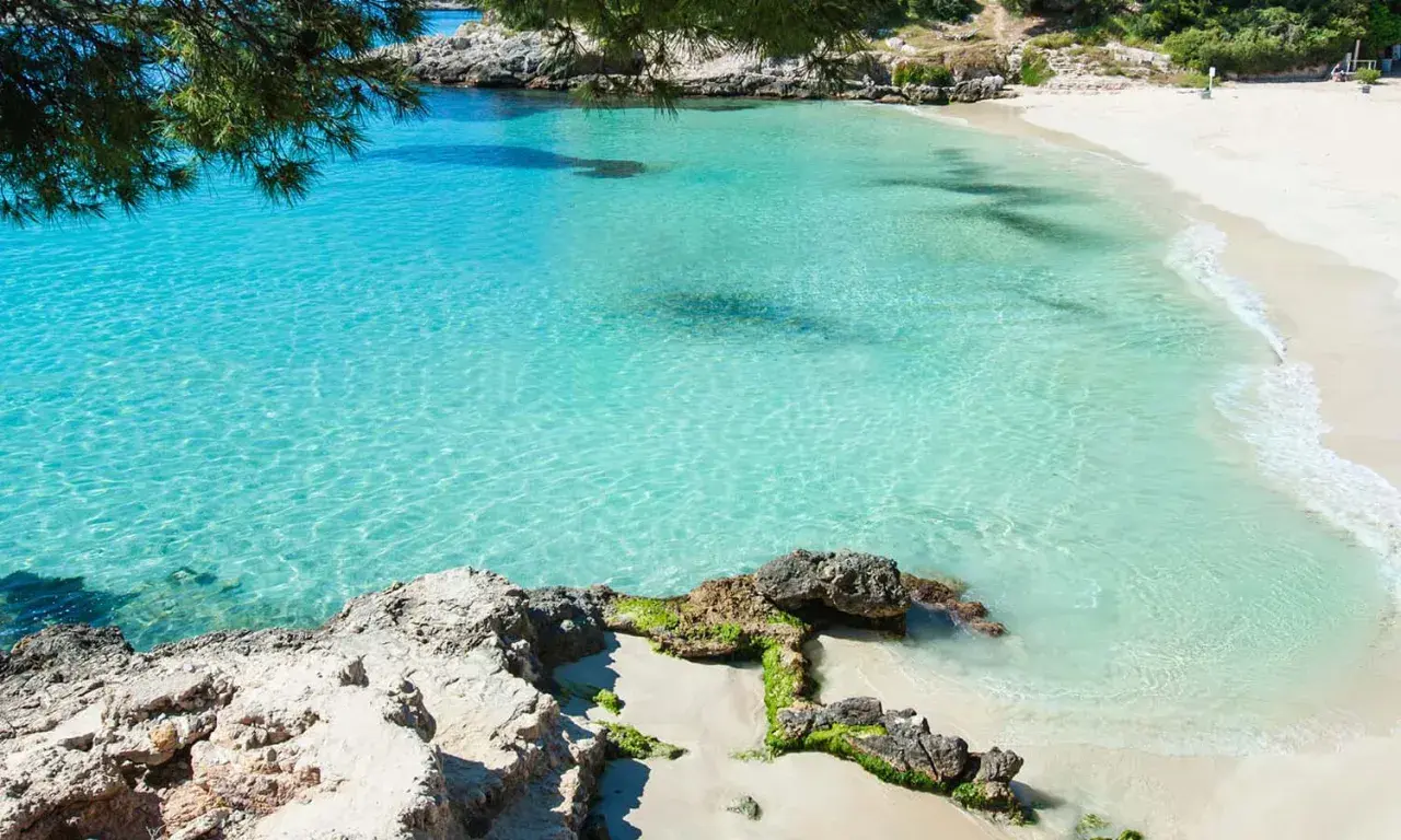 Traumhafter **Palma de Mallorca Strand** mit kristallklarem, türkisfarbenem Wasser und feinem Sand. Felsen und grüne Pinien säumen die Bucht.