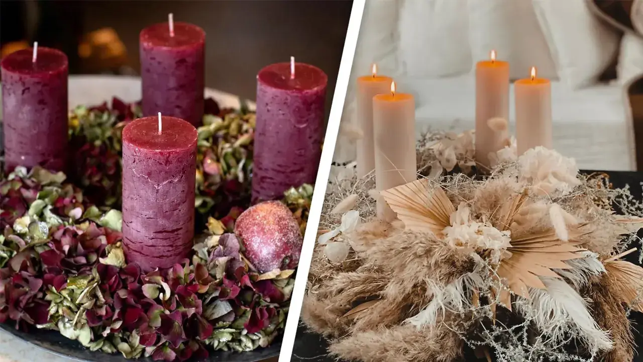 Zwei Adventskranz dekorieren Ideen: Ein Kranz mit dunkelroten Kerzen und getrockneten Hortensien, daneben ein moderner Kranz mit hellen Kerzen und Pampasgras.