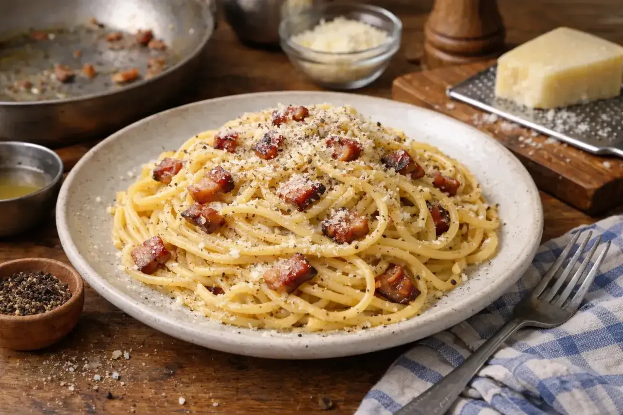 Un plat de spaghetti crémeux, garni de lardons croustillants et de parmesan râpé, évoquant une délicieuse sauce carbonara.