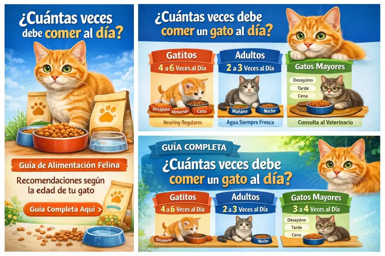 Guía de alimentación felina: ¿cuántas veces al día come un gato? Se detalla la frecuencia para gatitos, adultos y gatos mayores, con recomendaciones visuales.