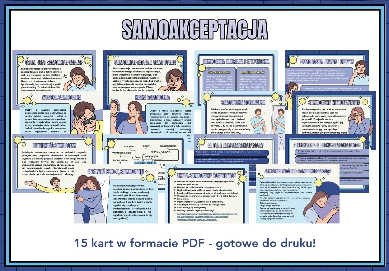 Samoakceptacja definicja: obraz przedstawia 15 kart z informacjami o samoakceptacji, samoocenie i sposobach pracy nad sobą.