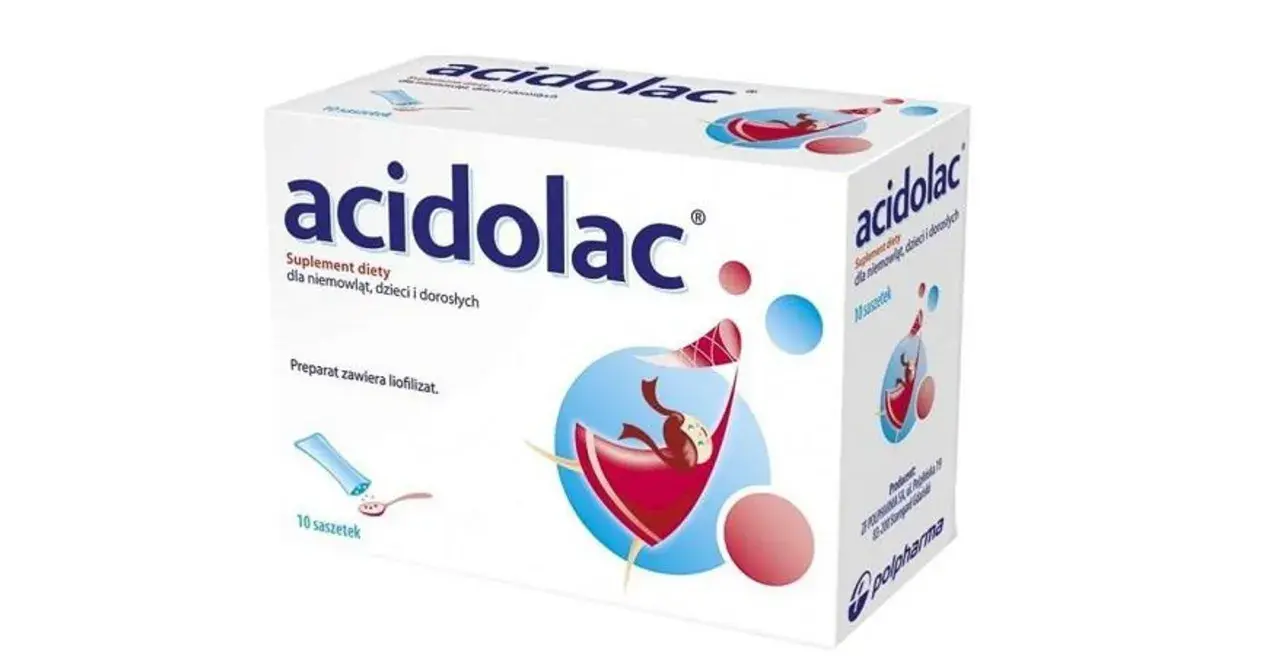 Opakowanie Acidolac, suplementu diety dla niemowląt, dzieci i dorosłych, zawiera 10 saszetek z liofilizatem.