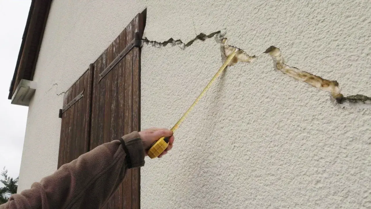 Une main mesure une large fissure sur le mur extérieur d'une maison, près de volets en bois.