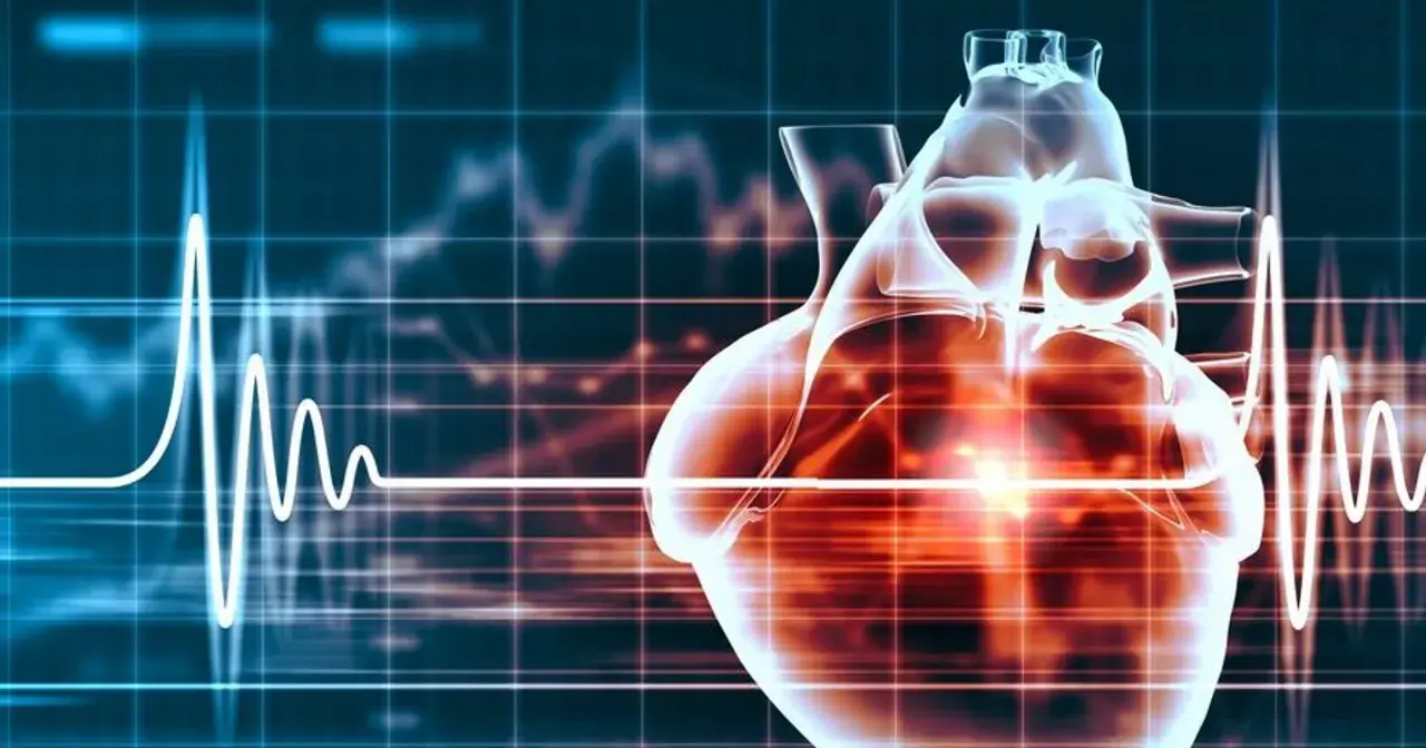 Przezroczyste serce na tle wykresu EKG, symbolizujące działanie leków takich jak digoxin, które regulują rytm serca.