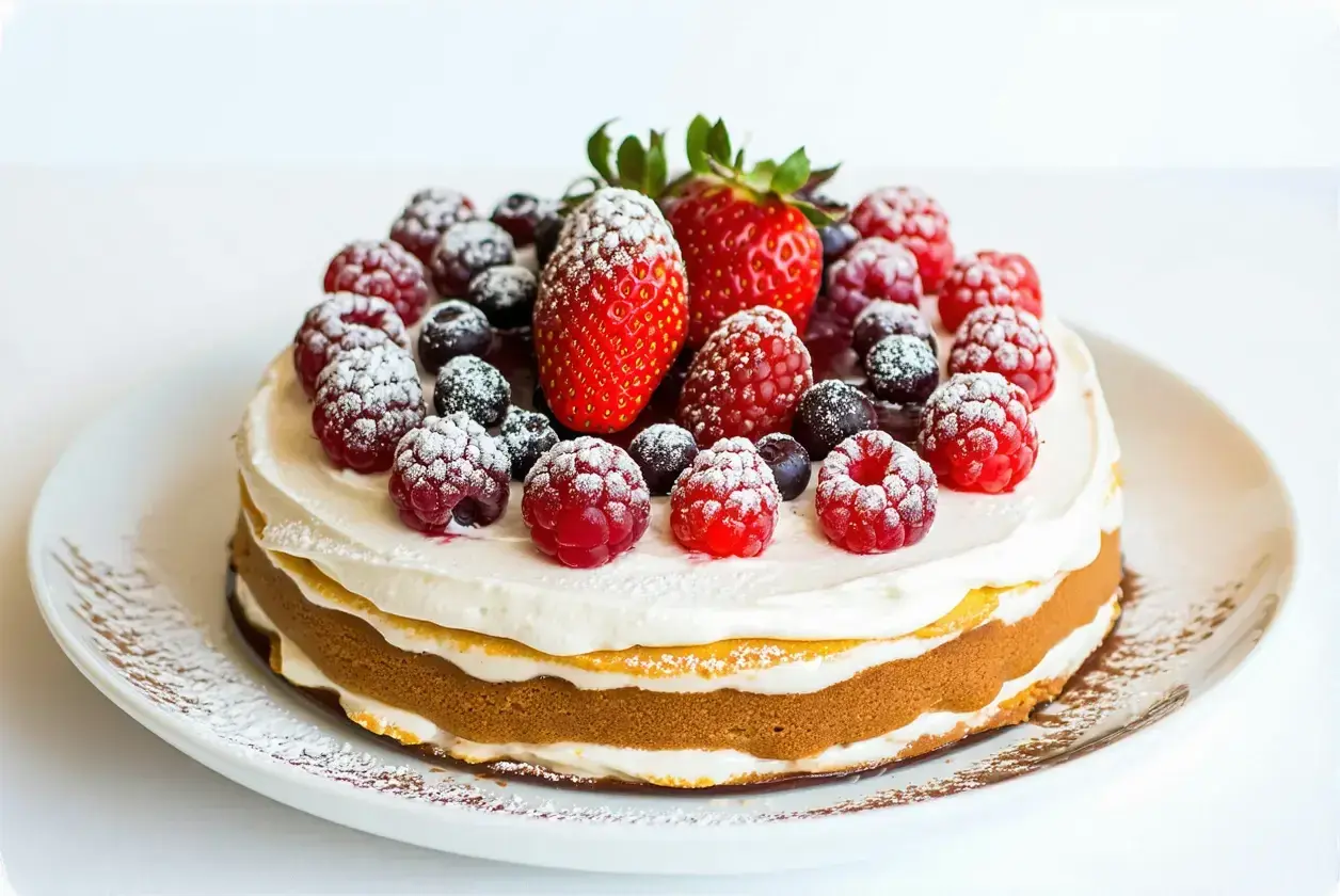 Un délicieux tiramisu fruits rouges, garni de fraises, framboises et myrtilles saupoudrées de sucre glace.