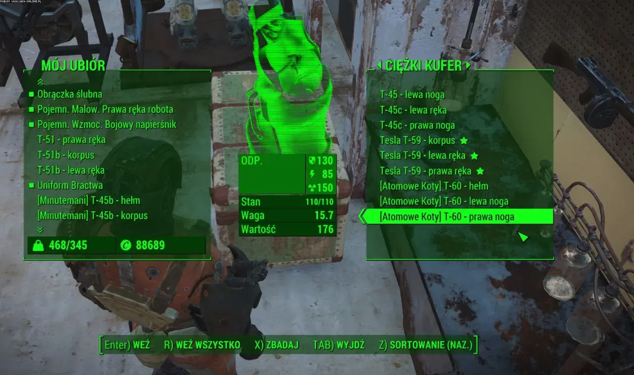 Interfejs gry Fallout 4 z listą ekwipunku i przedmiotów. Gracze szukają tu fallout 4 kody na pancerze i wyposażenie.