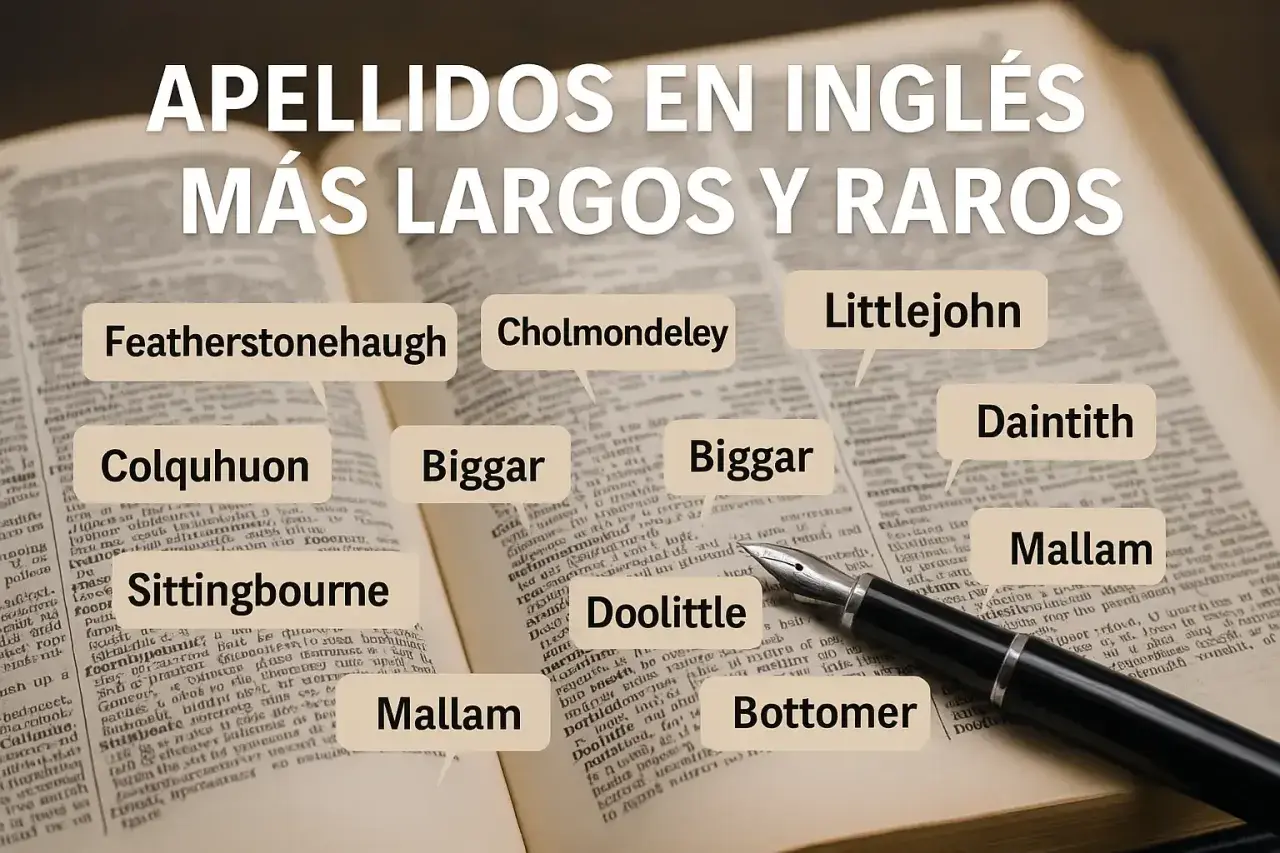 Apellidos ingleses raros y largos como Featherstonehaugh, Cholmondeley y Doolittle, mostrados en un diccionario.