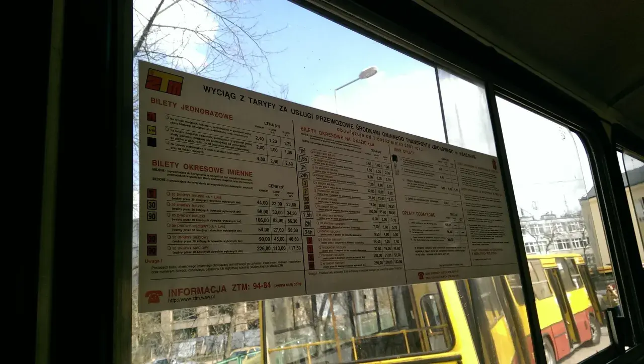 Taryfa biletowa ZTM Warszawa, strefa 1 i 2. Wykaz biletów jednorazowych i okresowych, ceny normalne i ulgowe.