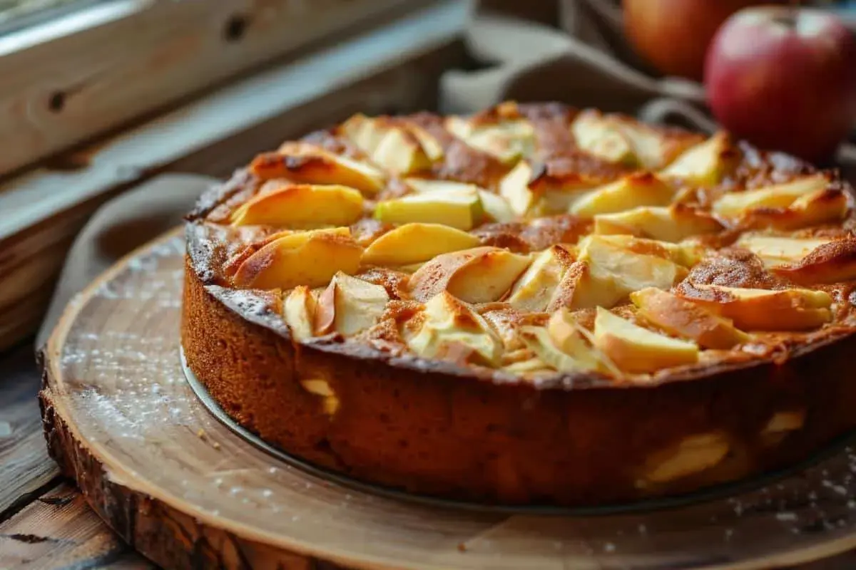 Gâteau yaourt pomme doré, garni de quartiers de pommes caramélisés, saupoudré de sucre glace, sur un plateau en bois rustique.