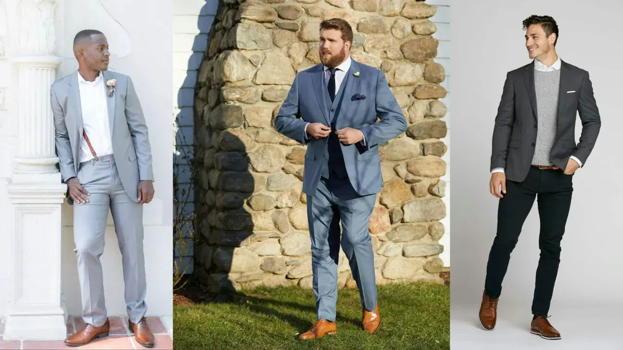 Drei Männer in Anzügen. Links ein Mann in einem hellgrauen Anzug mit braunen Schuhen. Mitte ein Mann in einem blauen Anzug mit braunen Schuhen. Rechts ein Mann in einem grauen Sakko, schwarzer Hose und braunen Schuhen.