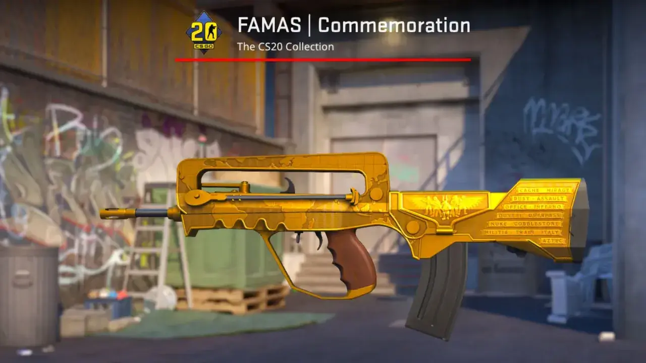Złoty FAMAS | Commemoration z kolekcji CS20, ozdobiony mapami i motywami.
