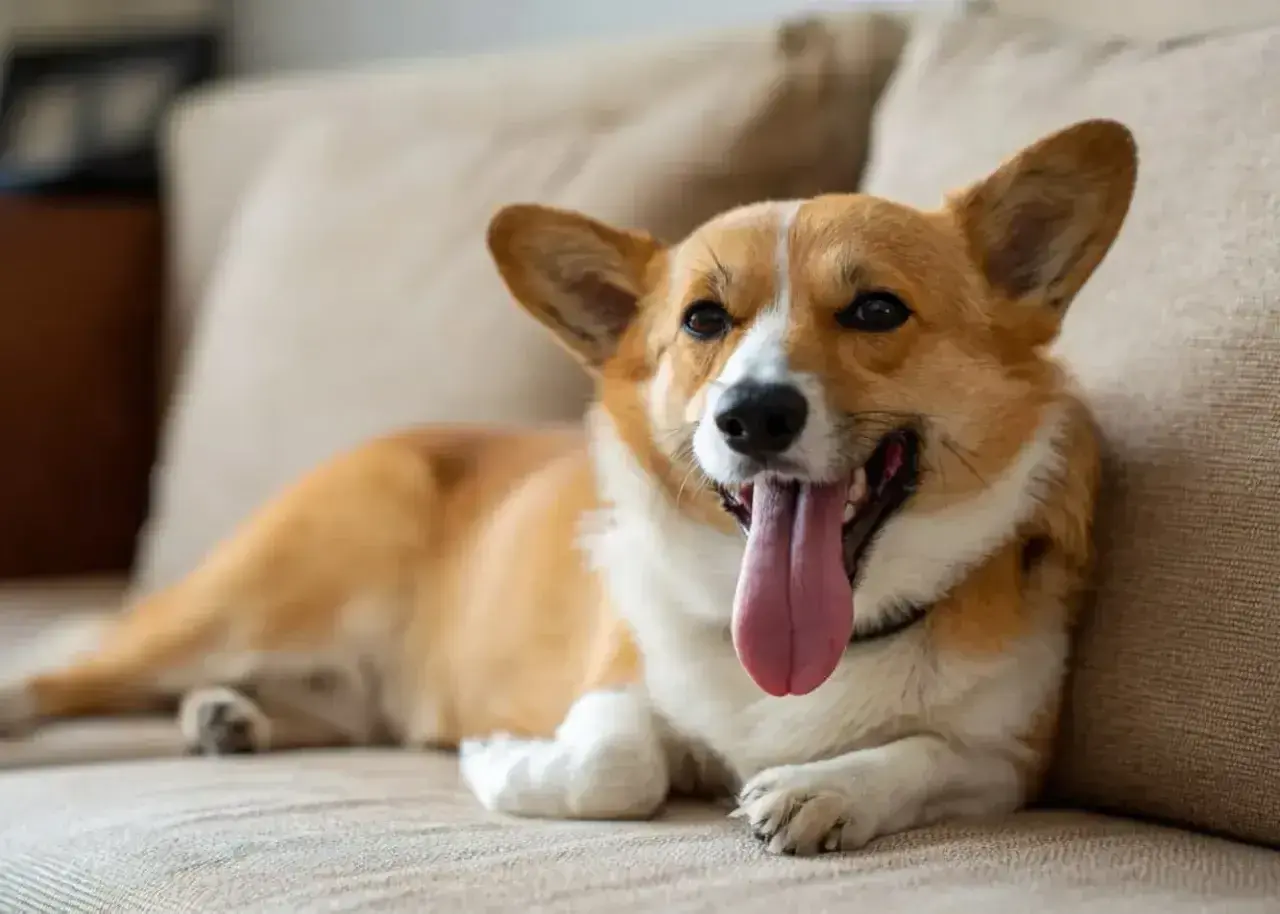 Uroczy corgi leży na kanapie, dysząc z wypuszczonym językiem. Płytki i szybki oddech u psa może oznaczać, że jest mu gorąco lub podekscytowany.