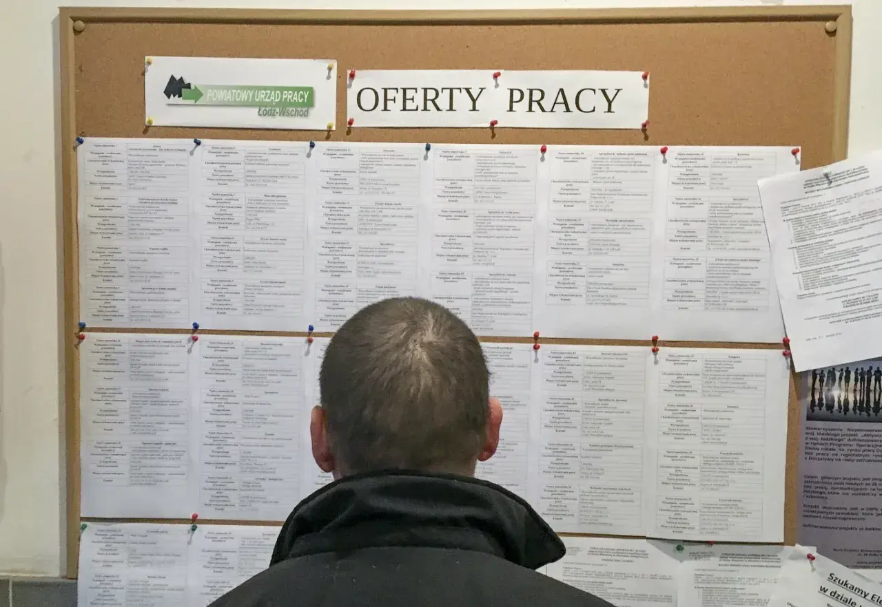 Mężczyzna przegląda tablicę z ofertami pracy w Powiatowym Urzędzie Pracy. Może szukać pracy, która zapewni mu godną kuroniówkę.