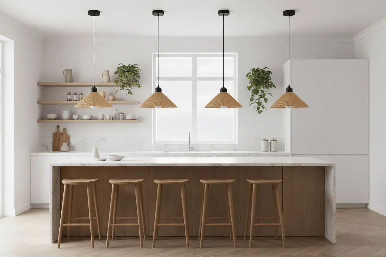 Cocina moderna con isla y taburetes de madera. Cuatro lámparas alargadas de mimbre cuelgan sobre la isla, creando un ambiente cálido.