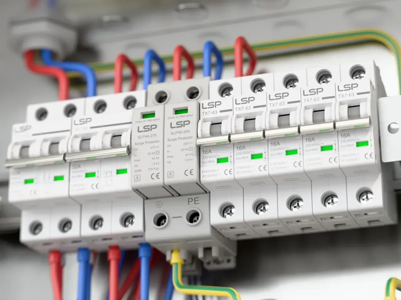 Zabezpieczenie przeciwprzepięciowe LSP chroni instalację elektryczną przed nagłymi skokami napięcia. Widać tu kilka modułów zabezpieczających.