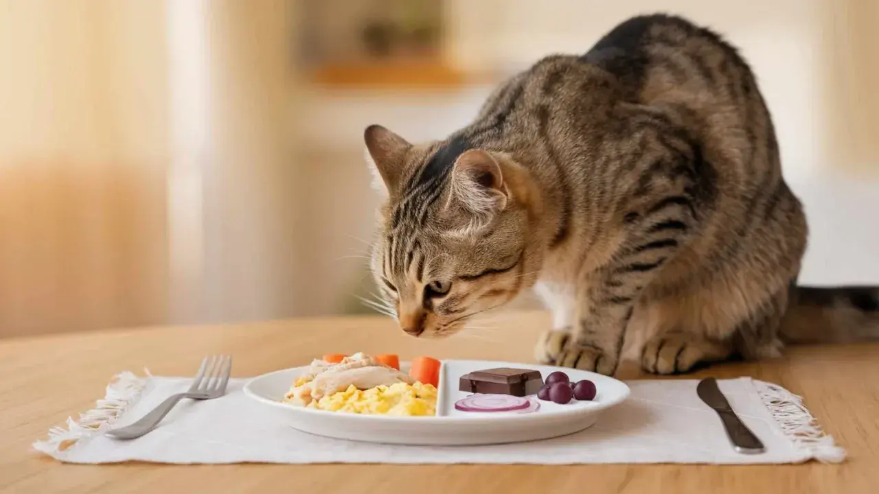 Gato atigrado olisquea un plato con huevos revueltos, zanahorias y arroz. Los gatos pueden comer arroz, pero este plato también tiene chocolate y uvas, ¡peligrosos para ellos!