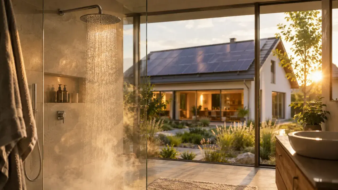 Dusche mit Blick auf ein modernes Einfamilienhaus mit Solaranlage. Ein Beispiel für bewussten Wasserverbrauch, ideal für zwei Personen.