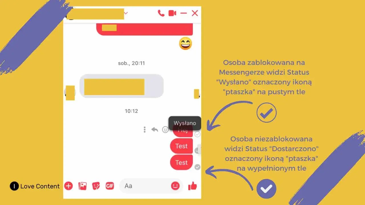 Jak sprawdzić czy ktoś cię zablokował na Messengerze? Zablokowana osoba widzi status "Wysłano" z pustym ptaszkiem, niezablokowana "Dostarczono" z pełnym.