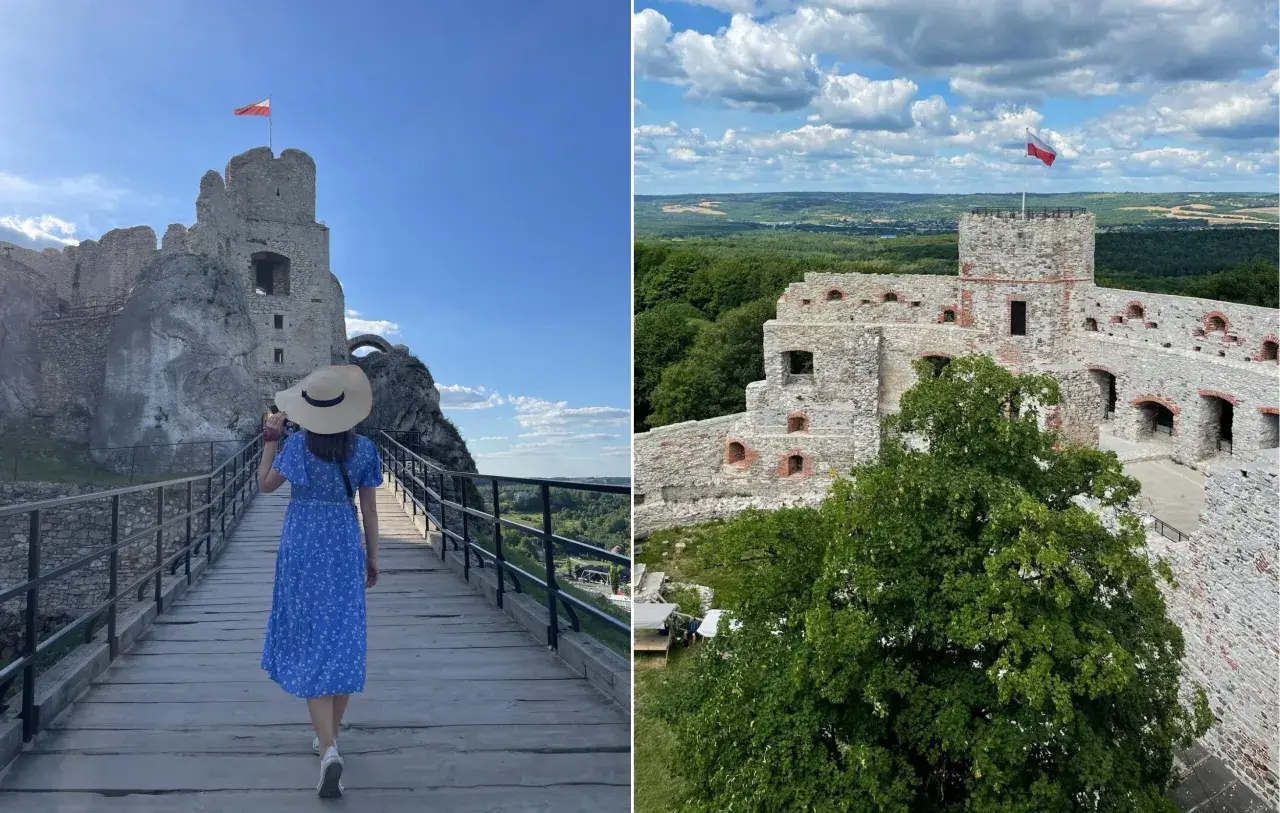Spacer po malowniczych zamkach w okolicy Krakowa. Widok na ruiny zamku z polską flagą i panoramę Jury.