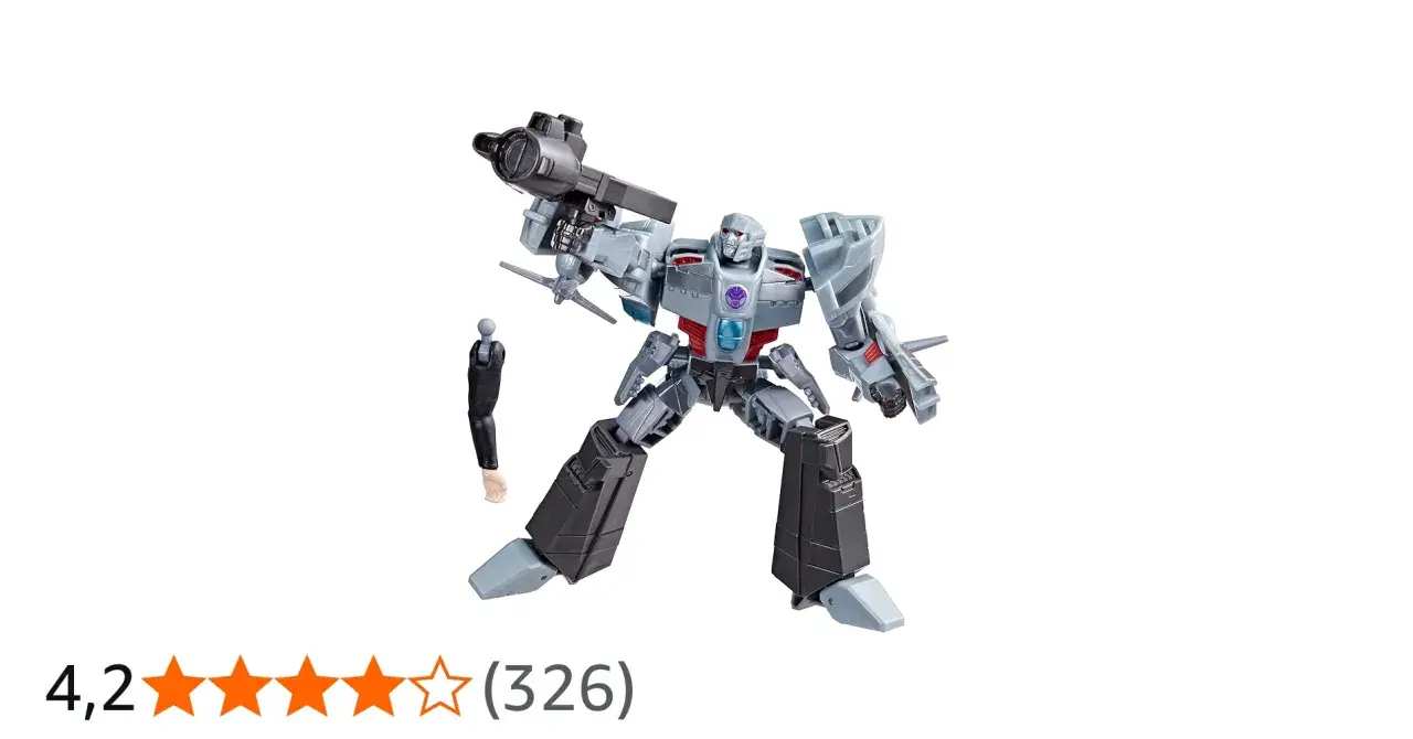 Szara zabawka Megatron z pistoletem i małą postacią obok.