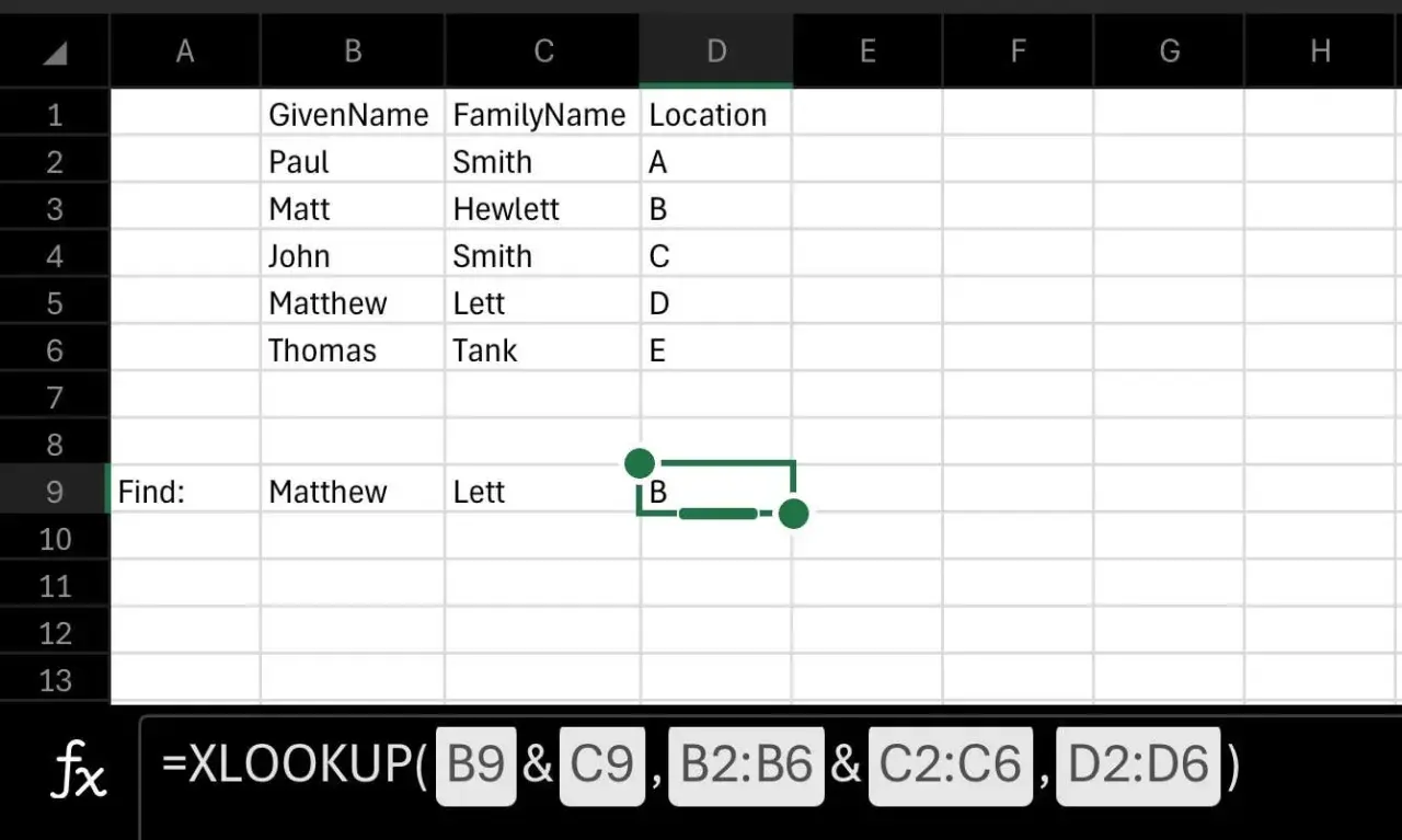 Arkusz kalkulacyjny Excel z danymi i formułą =XLOOKUP. Pokazuje, jak rozdzielić tekst w Excelu, łącząc dane z kolumn B i C.