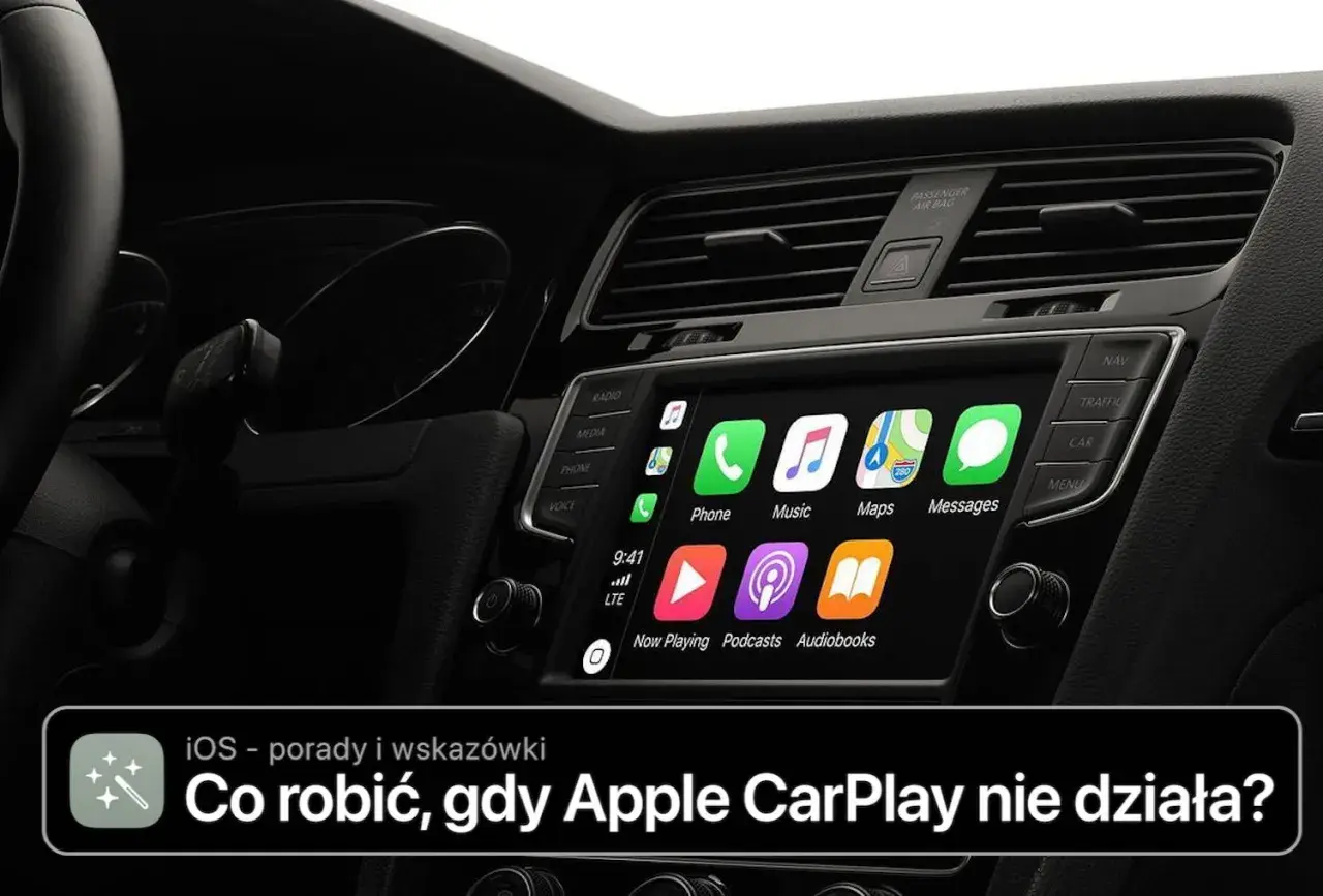Ekran samochodu z ikonami aplikacji, gdy Apple CarPlay nie działa. Podpis: "Co robić, gdy Apple CarPlay nie działa?".