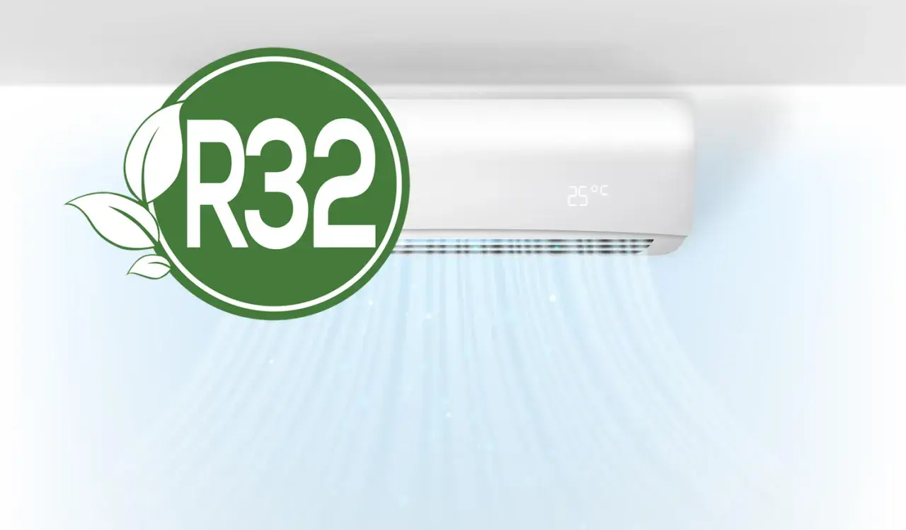 Aire acondicionado con símbolo de hoja y R32. El gas R32 es una alternativa ecológica, no prohibido.
