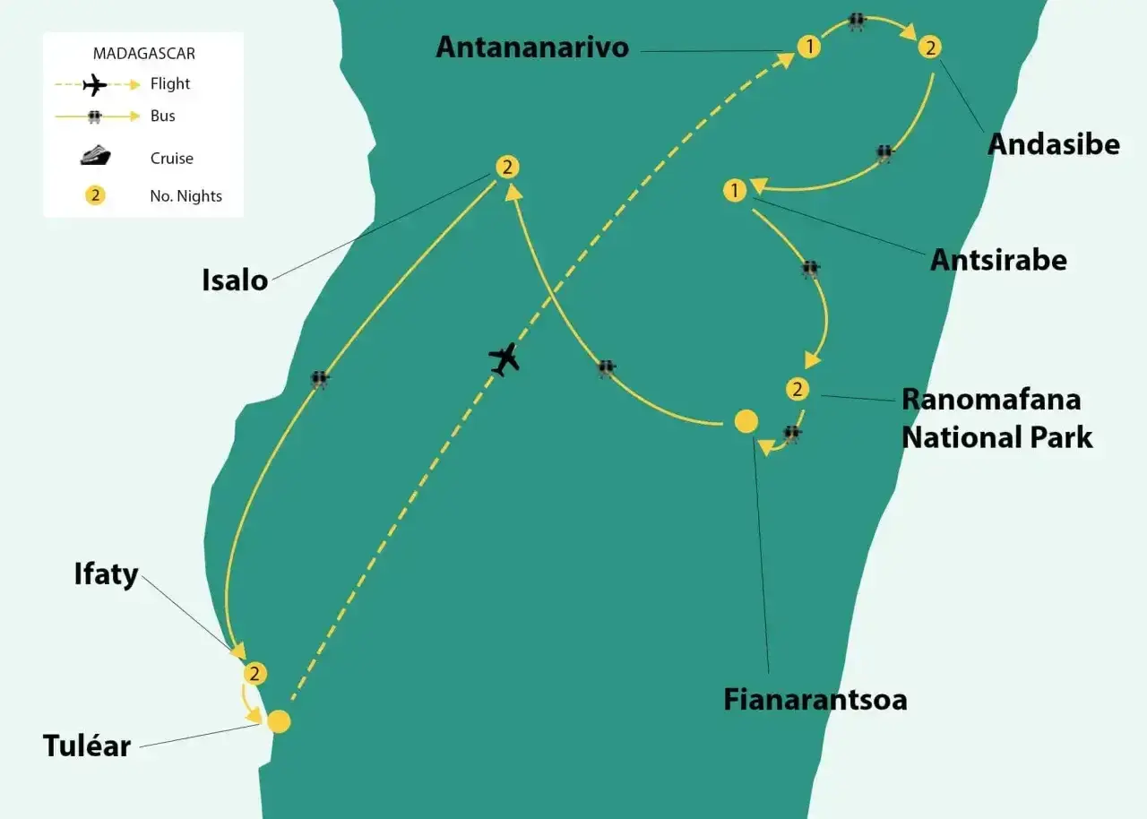 Mapa Madagaskaru z trasą podróży: loty, autobusy i noclegi. Zastanawiasz się, ile się leci na Madagaskar? Ta mapa pokazuje, jak podróżować po wyspie.