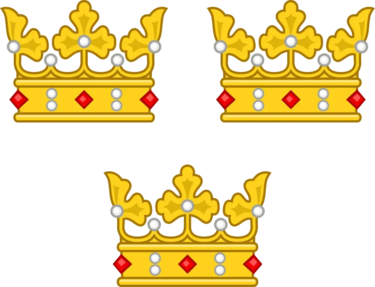 Tre gyllene kronor med röda stenar och vita pärlor, symbol för Sverige.